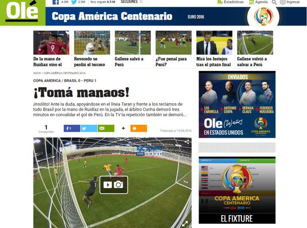 Perú eliminó a Brasil de la Copa América Centenario y así lo informó la prensa internacional. (ole.com.ar)
