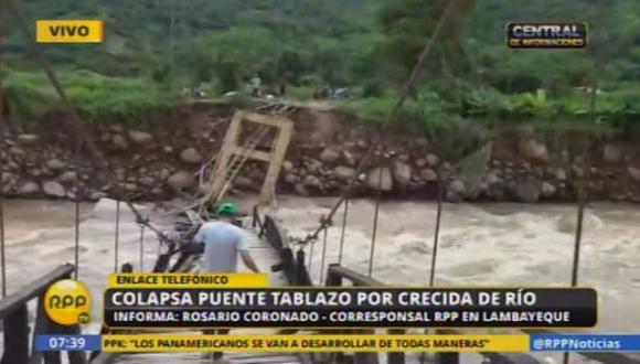 Chiclayo: Colapsó el puente Tablazo en Chongoyape. (Captura)