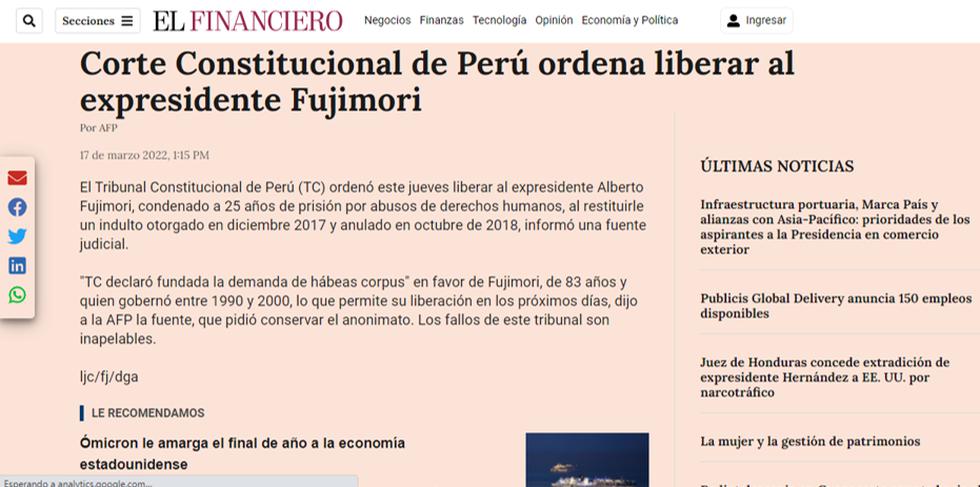 El Tribunal Constitucional de Perú (TC) ordenó este jueves liberar al expresidente Alberto Fujimori, condenado a 25 años de prisión por delitos de lesa humanidad. (Texto: AFP / Foto: Captura El Financiero)