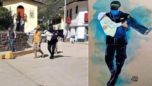 Artista plástica retrata a policía que cargó en abrazos a anciano para que cobre su bono 380 y se hace viral en redes sociales. (GEC)