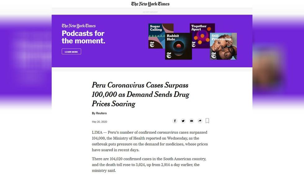 El The New York Times tituló la noticia: Los casos de coronavirus en Perú superan los 100,000 mientras la demanda eleva los precios de los medicamentos. (Captura TNYT).