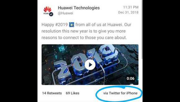 "Feliz #2019", escribieron en la cuenta de Twitter de Huawei. Pero este mensaje tenía un pequeño problema: llevaba la mención "Twitter a través de iPhone". (Foto: Twitter/@MKBHD)