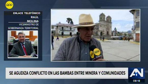 El viceministro Molina sostuvo que insistirán en el diálogo para resolver el conflicto entre la comunidad de Fuerabamba y la minera Las Bambas. (Foto: RPP Noticias)