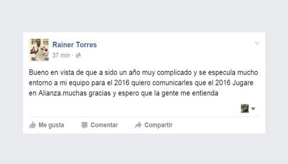 Rainer Torres dio este sorpresivo anuncio por Facebook. (Facebook)