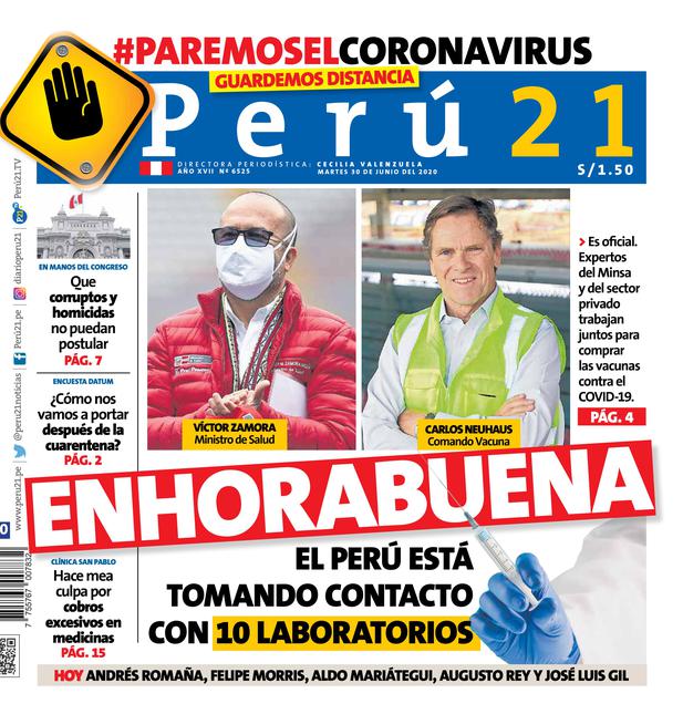 Enhorabuena: El Perú está tomando contacto con 10 laboratorios. (Impresa 30/06/2020)