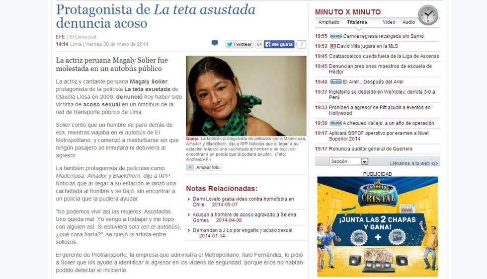 El diario El Universal de México dio cuenta en su portal del acoso sexual que sufrió en un bus del Metropolitano.