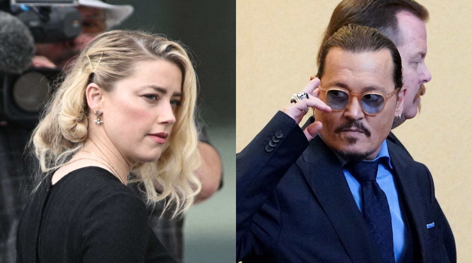 A la izquierda, Amber Heard en su llegada al juzgado este miércoles 1 de junio; para la lectura del veredicto del jurado. A la derecha, Johnny Depp en una de las audiencias previas. Él no estará presente en este día fundamental para su caso.