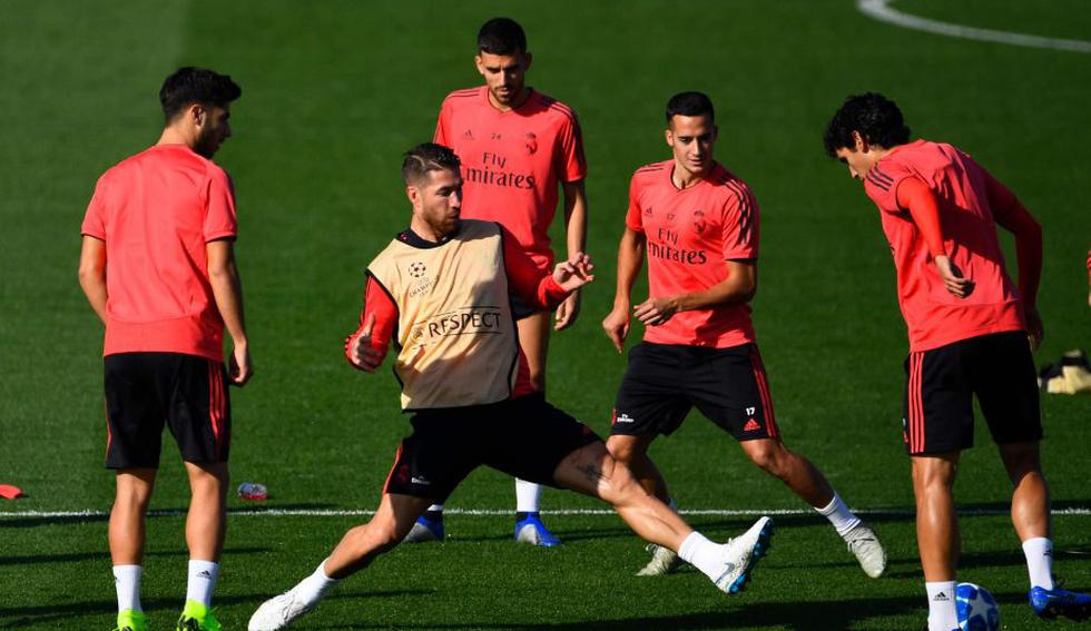 Sergio Ramos durante el entrenamiento de este lunes. (AFP)