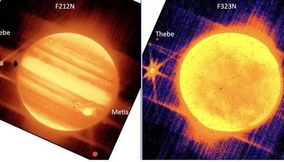 Las dos fotos muestran la circunferencia de Júpiter y tres de sus satélites naturales: Metis, Europa y Tebe. (NASA)