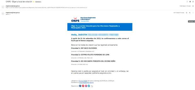 A new mail with the selected premises in order of priority that you chose (Photo: ONPE)