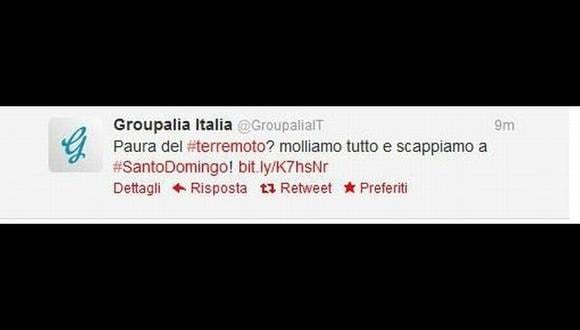 Primer tuit de Groupalia Italia que fue eliminado. Foto: @Umb80