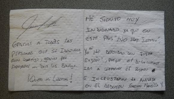 DEFENSA PERSONAL. Estudiante envió carta desde la cárcel. (Perú21)