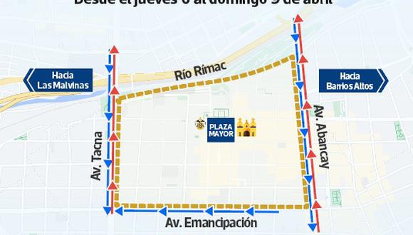 Se ha previsto cerrar el tránsito vehicular del cuadrante conformado por las Avenidas: Abancay – Jirón Cuzco – Emancipación - Tacna  y la Ribera Rio Rímac.
