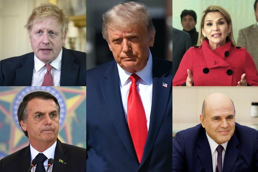 Personalidades en el mundo que han sido afectadas por el nuevo coronavirus. Imagen de Boris Johnson, Jair Bolsonaro, Donald Trump, Jeanine Áñez y Mijaíl Mishustin. (AFP / AP - Pippa Fowles/10 Downing Street).