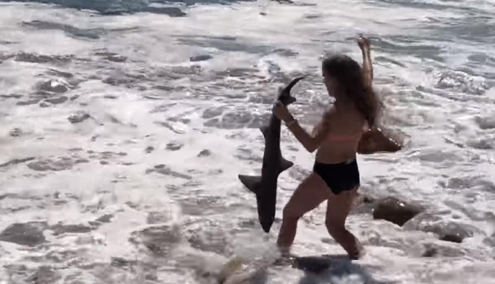 La joven no dudó en ayudar al tiburón a ingresar al mar. (YouTube: Eweather)