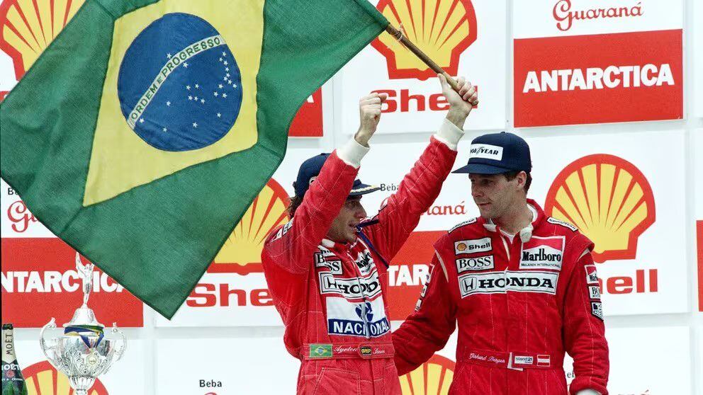 Senna en el podio del GP de Brasil de 1991 (AFP)