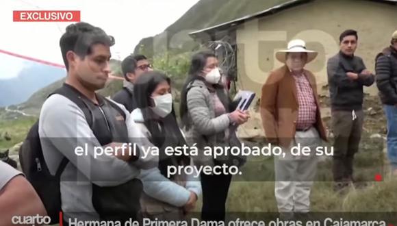 Cuarto Poder difundió un video, de setiembre del 2021, donde la hermana de la primera dama ofrece una obra en Cajamarca. (Foto: Captura Cuarto Poder)