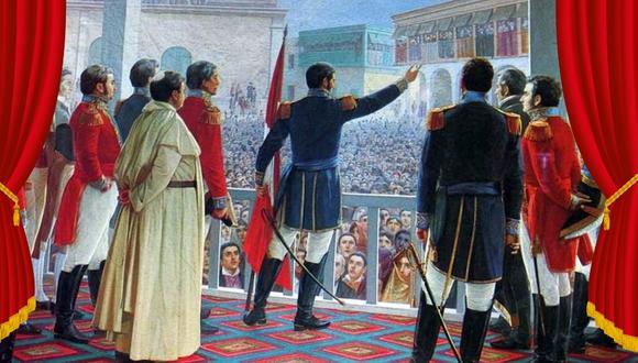 Fiestas Patrias. Pintura icónica que muestra al general San Martín proclamando la Independencia del Perú, el 28 de julio de 1821.  Autor: Juan Lepiani (1904).