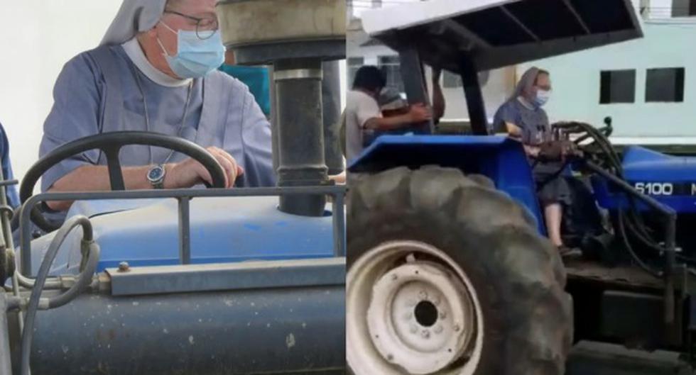 Monja conduce tractor con el que desinfecta las calles de Chimbote para evitar propagación del COVID-19.