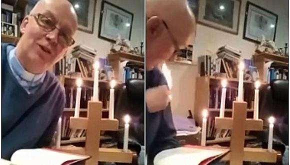 El primer sermón online del vicario Stephen Beach terminó de forma inesperada. El clip se volvió viral. (Fotos: Captura)