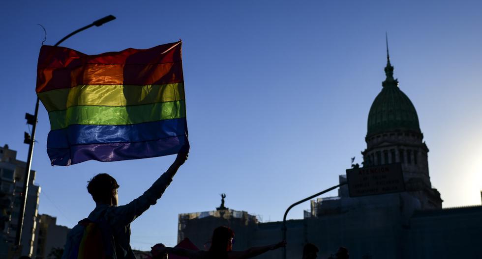 En esta foto referencial tomada el 2 de noviembre de 2019, un persona sostiene una bandera arcoíris durante el Desfile del Orgullo Gay frente al edificio del Congreso en Buenos Aires. (RONALDO SCHEMIDT / AFP).