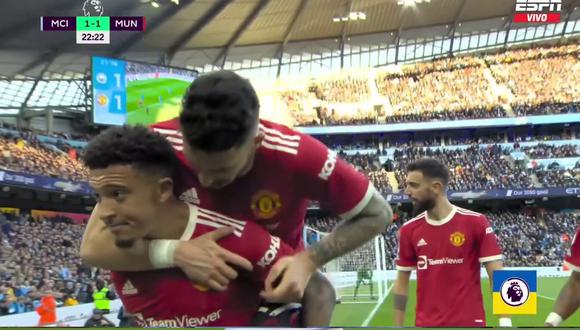 Jadon Sancho anotó un golazo para marcar el empate de Manchester United ante Manchester City. Foto: Captura de pantalla ESPN.