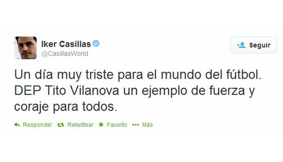 El guardameta del Real Madrid, Iker Casillas, lamentó la muerte de Tito Vilanova. (Twitter)