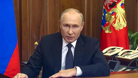 En esta imagen tomada de un video publicado por el Servicio de Prensa Presidencial de Rusia, el presidente ruso, Vladimir Putin, se dirige a la nación en Moscú, el miércoles 21 de septiembre de 2022. (Servicio de Prensa Presidencial de Rusia vía AP).