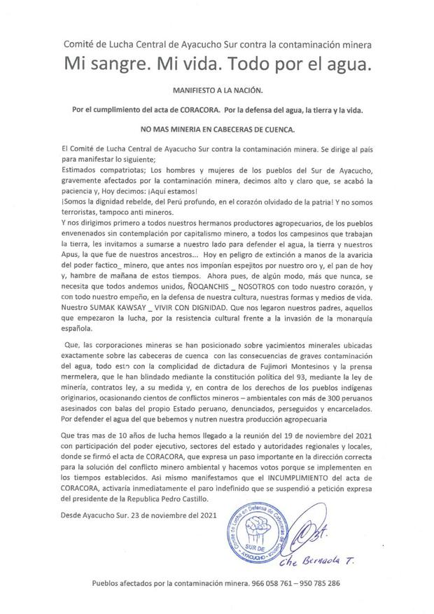 Manifiesto difundido por Che Bernaola a propósito del conflicto en Ayacucho. (Fuente: Perú21)