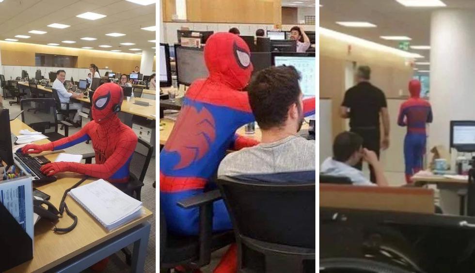 “Vístete para el puesto que quieres, no para el que tienes”, reza un viejo refrán que encaja con esta persona que fue a su último día de trabajo vestido de Spider-Man. (Fotos: Walter Acosta en Facebook)