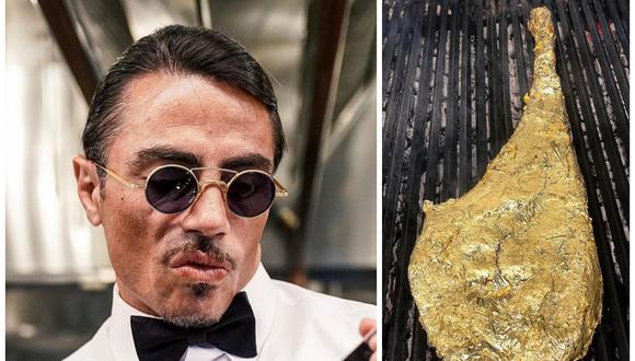 El chef turco Salt Bae y uno de sus platos más populares de su restaurante: el bistec bañado en oro . (Foto: Instagram)