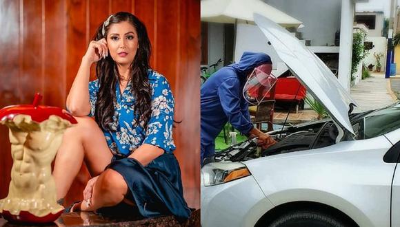 Karla Tarazona no teme sacarse los tacos y vestidos para ponerse un mameluco, y visera e ir a desinfectar autos a domicilio.