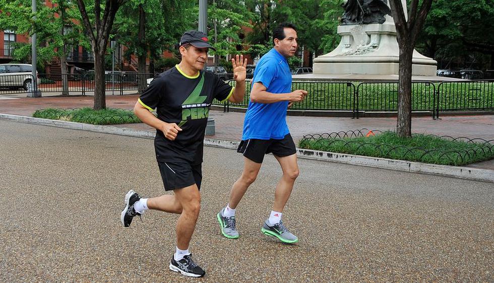 Corre, Ollanta, corre. El presidente no dejó su acostumbrada práctica deportiva y trotó alrededor de la Casa Blanca, en Washington (EEUU). (Presidencia de la República)