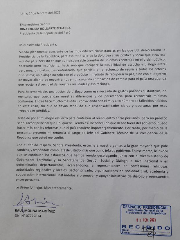 Esta es la carta de renuncia de Raúl Molina