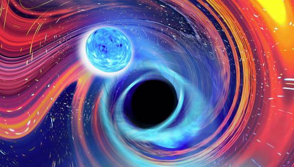 Uno de los eventos incluía un agujero negro con una masa nueve veces mayor que nuestro propio sol y una estrella de neutrones con una masa dos veces mayor que la de nuestro sol. La imagen que se aprecia es una creación artística inspirada en un evento de fusión de estrellas de neutrones y agujero negro. (CARL KNOX, OZGRAV / SWINBURNE / Europa Press)