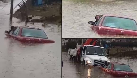 Pasco: Conductor y su auto terminan inundados por fuertes lluvias
