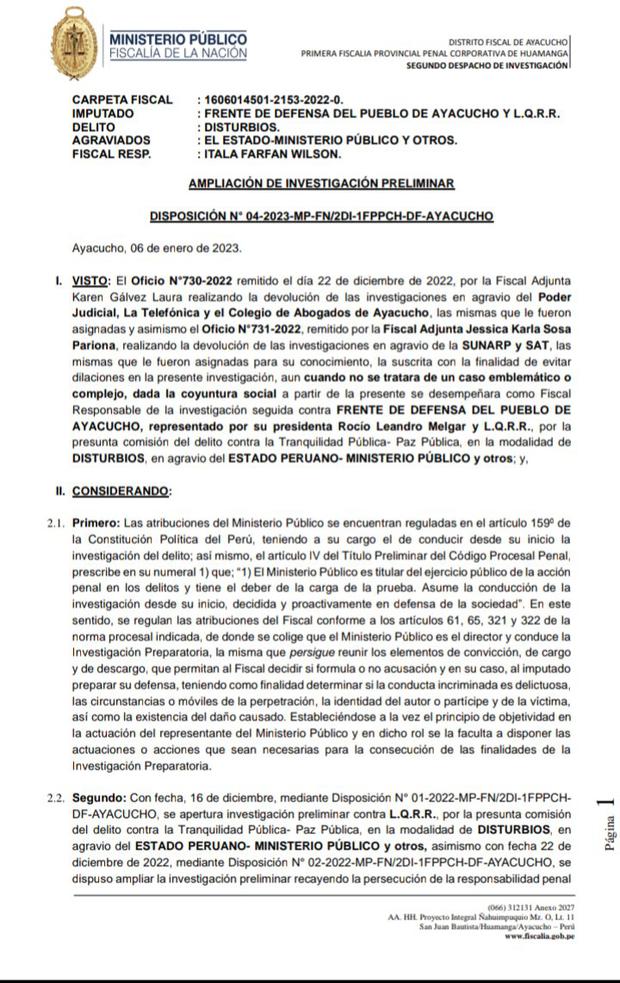 Disposición fiscal del 6 de enero que acredita investigación a Rocío Leandro Melgar.