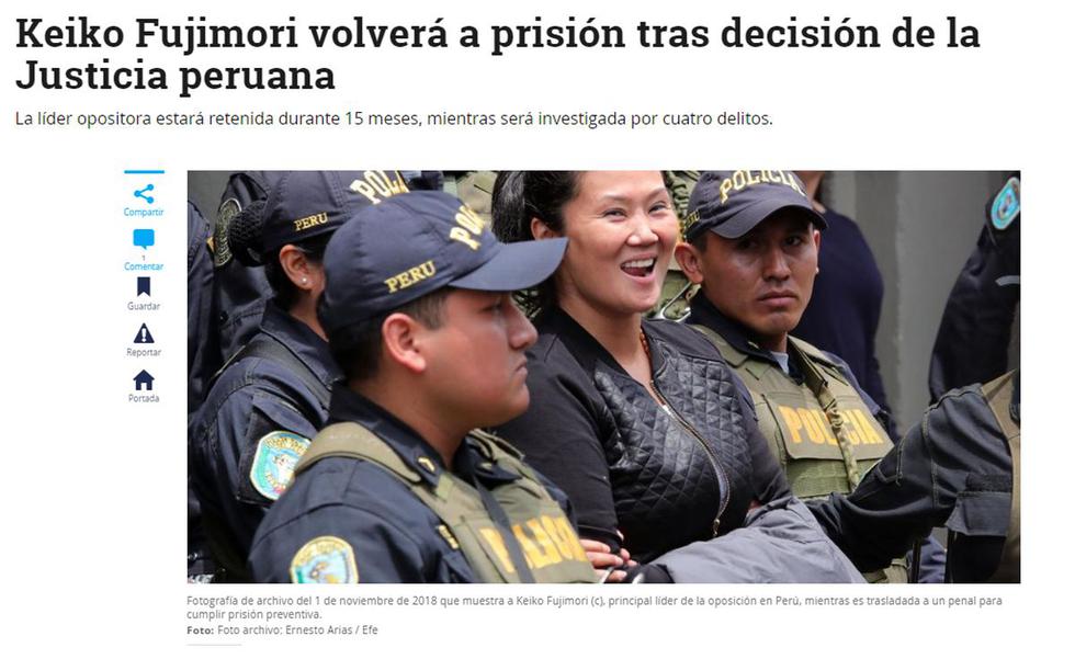 Así informó El Tiempo. "Keiko Fujimori volverá a prisión tras decisión de la justicia peruana". (Foto: Captura)