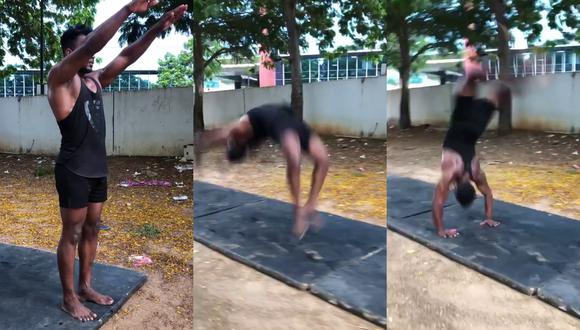 Un video viral tiene como protagonista a un gimnasta que realiza alucinantes saltos mortales. | Crédito: @vikram_selvam_m2 / Instagram.