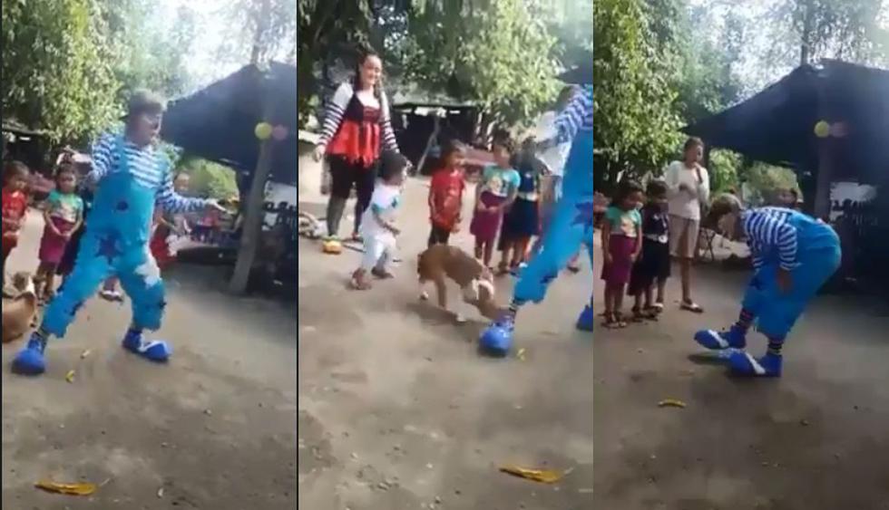 Un payaso animaba el cumpleaños de un niño en México y se llevó la sorpresa de su vida al ser mordido por un can. (Foto: captura)