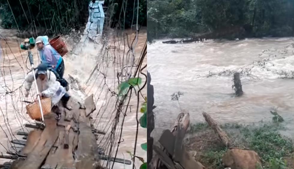 Cruzaron puente colgante segundos antes de que caudaloso río lo destruyera en Vietnam. (YouTube)