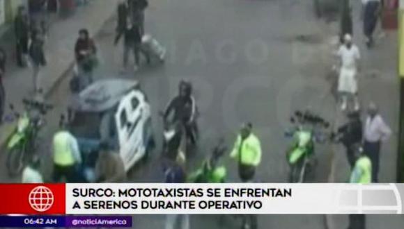 El enfrentamiento entre mototaxistas y agentes de serenazgo ocurrió el último sábado. (Captura: América Noticias)