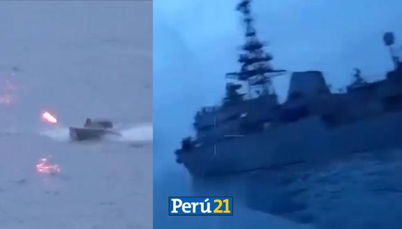 El dron ucraniano logró alcanzar al buque ruso. Foto: Captura de pantalla