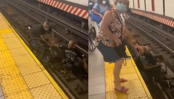Hombre rescatando a la persona accidentada en la estación del metro Union Square, en Nueva York. (Foto: captura de pantalla | Twitter)