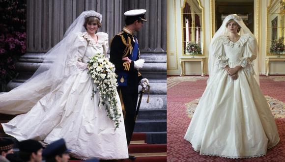 El icónico vestido de novia de la princesa Diana es representado en "The Crown". (Fotos: IG/ @harpersbazaargermany, @thecrownnetflix)