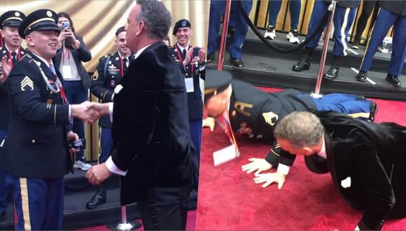 Tom Hanks retó a un marine a hacer 20 ‘planchas’ en la alfombra roja. (Twitter)