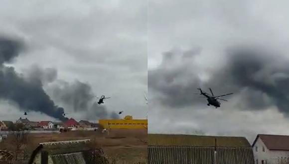 Las fuerzas armadas ucranianas y rusas intercambiaron disparos varias veces por hora. Tras los estruendos, el humo negro subía hacia el cielo gris. (Foto: captura de video)