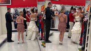 Mujer con vestido de novia confronta a su pareja en su trabajo y le exige casarse ahí mismo