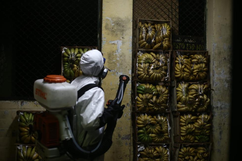 El personal de limpieza que intervino en el Mercado de Frutas estuvo provisto de mochilas motopulverizadoras con hipoclorito de sodio y agua (Foto: GEC)