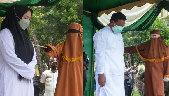 Una mujer es azotada 100 veces por adulterio en Idi, este de Aceh, el 13 de enero de 2022, mientras que su pareja masculina, que negó las acusaciones, recibió 15 latigazos. (Foto de CEK MAD / AFP)